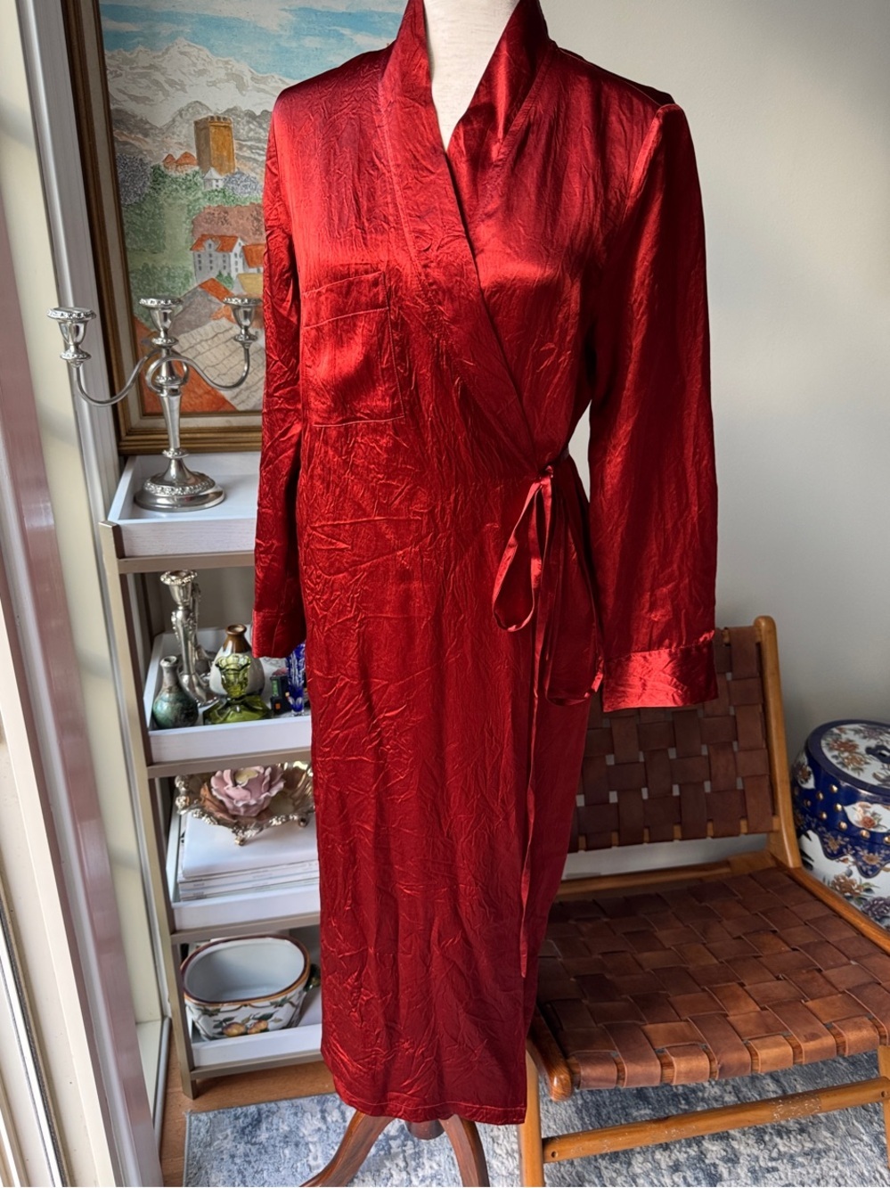 Zara Deep Red Satin Wrap Robe with Tie Waist